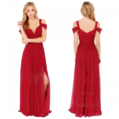 Red V Cut Chiffon Long Slit Dress (Size S,M,L,XL)